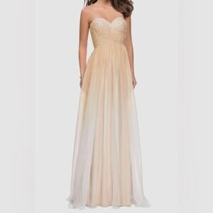 La Femme Ombre Beige Strapless Chiffon Rhinestone Gown Size 0
